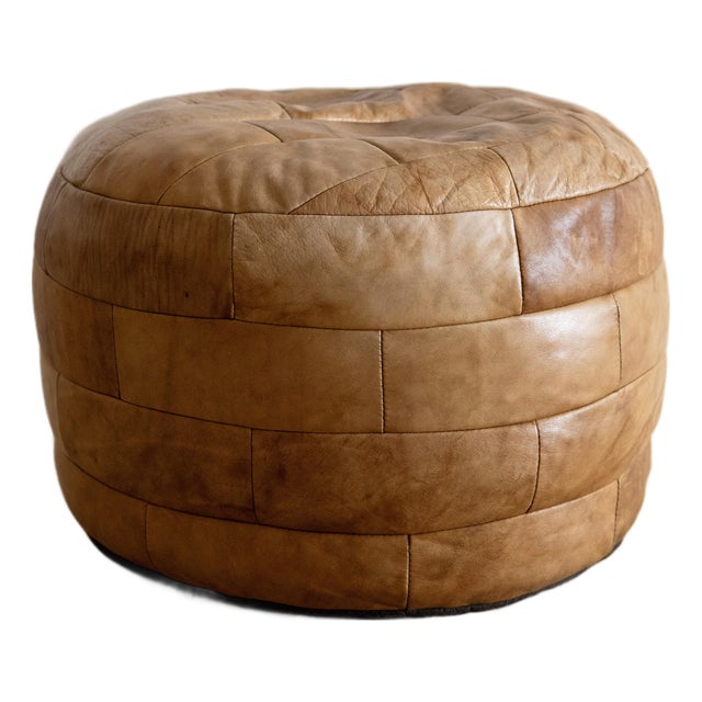 Vintage Leather Patchwork Ottoman in Tan Attributed to De Sede For Sale
