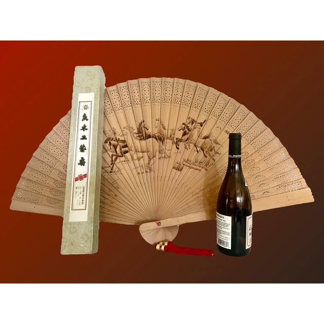 The Eight Wild Horses Large Chinese Sandalwood Fan, Boxed For Sale In Tampa - Image 6 of 9