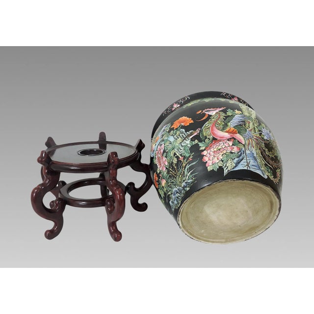 Nyonya Straits Chinese Porcelain Planters, Jardinieres, Famille Noire Black With Goldfish & Phoenix Birds, a Pair, Rosewood Stands, Early 20th Century For Sale - Image 12 of 12