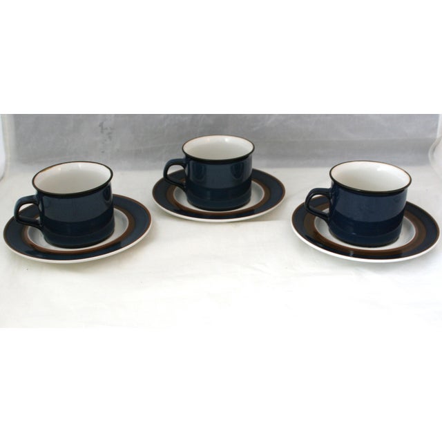 Contemporary Vintage Haniwa Ranmaru Stoneware Cups & Saucers Blue and White Capri Pattern - 6 pcs For Sale - Image 3 of 11
