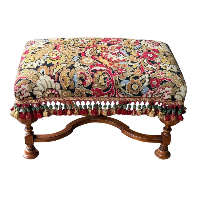 Vintage English Jacobean Style Walnut Needlepoint Upholstered Bench With Scalamandré Tassel Fringe For Sale