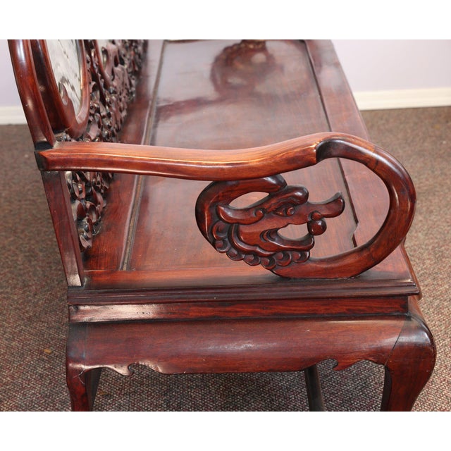 Magnificent Mid Century 66” Chinese Hand-Carved Rosewood (Hongmu) and Dali Dreamstone Marble Settee For Sale - Image 9 of 13