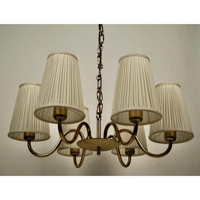 Josef Frank Six-Arm Chandelier in Brass with Silk Shades by Josef Frank for Oswald Haerdtl, 1935 For Sale - Image 4 of 16