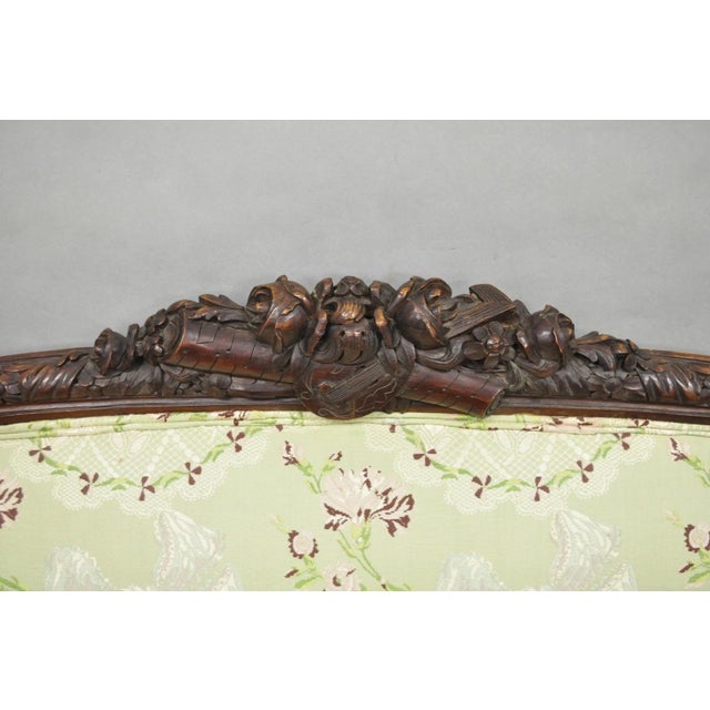 Antique Italian Renaissance Carved Walnut French Victorian Rams Head Green Sofa For Sale In Philadelphia - Image 6 of 18