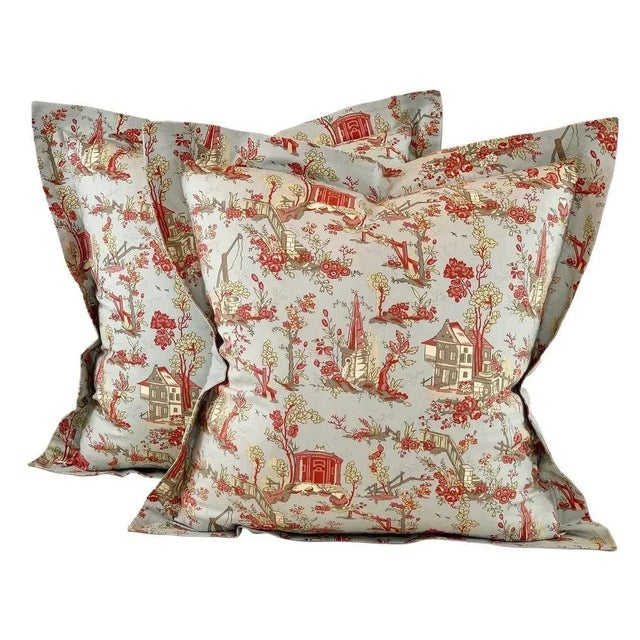 French General Aqua Blue Pink Rose Le Jardin Toile Pillow Covers- Set of 3 For Sale In Jacksonville, FL - Image 6 of 7