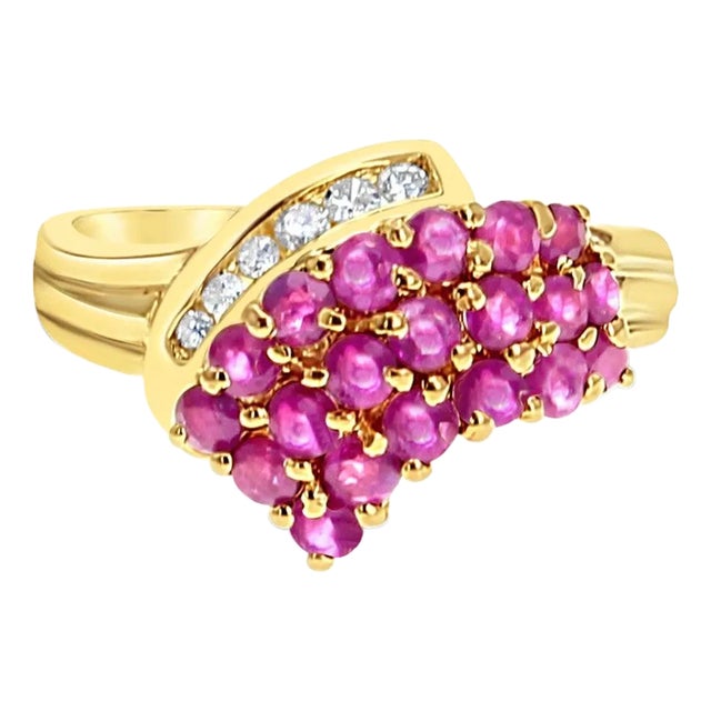 Ruby Cluster Diamond Ring 14k Yellow Gold, Size 6.5 For Sale