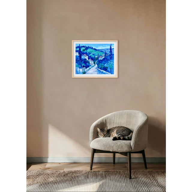 Blue Contemporary Blue Village Oil Landscape Painting For Sale - Image 8 of 9