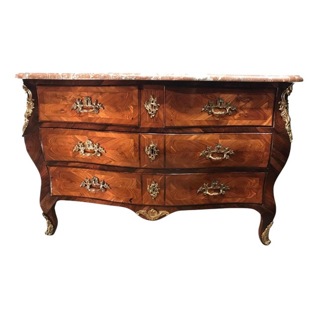 French Louis XV Style Marquetry Bombe Commode with Marble Top, 1750s For Sale