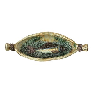 19th Century Majolica Palissy Wicker Boat With a Fish For Sale