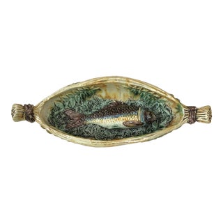 19th Century Majolica Palissy Wicker Boat With a Fish For Sale