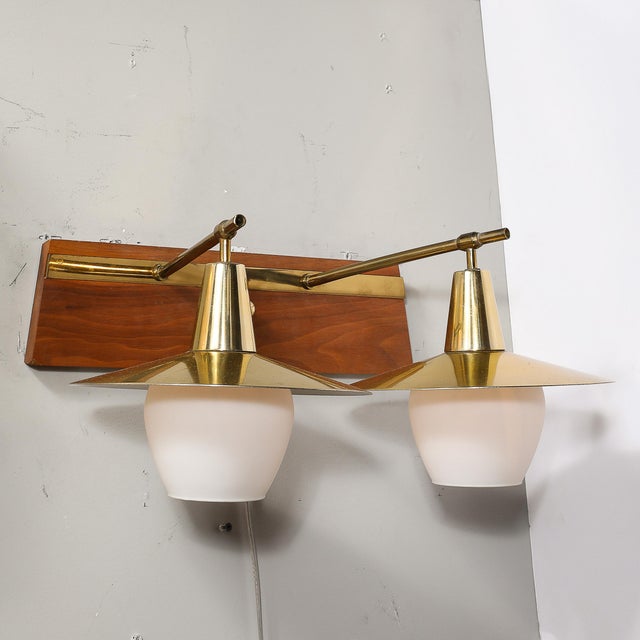 Brown Mid-Century Modernist Dual-Head Brass & Frosted Glass Sconce on Teakwood For Sale - Image 8 of 11