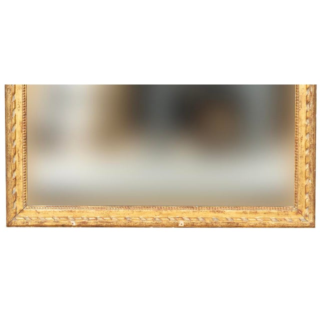 Louis XVI giltwood mirror with carved ribbon and beaded frame. Plate glass mirror.