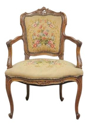 French Carved Walnut Needlepoint Armchair
