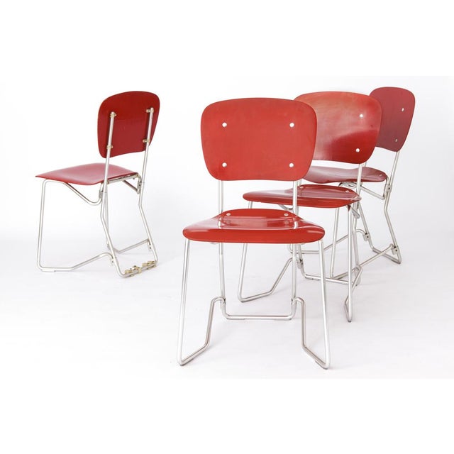 Red Aluflex Stacking Chairs by Armin Wirth, Germany, 1951, Set of 4 For Sale - Image 8 of 12