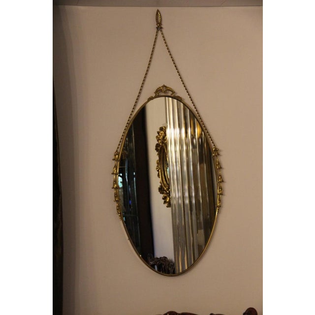 Oval Brass Wall Mirror with Neoclassical Decoration and Brass Chain, 1950s For Sale - Image 11 of 17