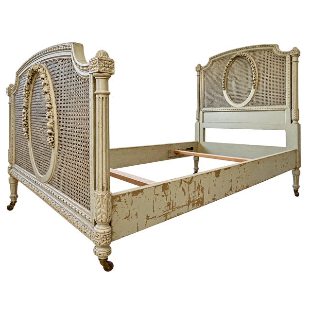Pair of Antique French Louis XVI–Style Painted Cane Twin Beds With Carved Floral Medallions | 1900 For Sale - Image 4 of 4