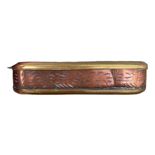 18th Century Likely Dutch Brass and Copper Toned Snuff or Tobacco Box With Engraved Figural Scenes and Script. For Sale