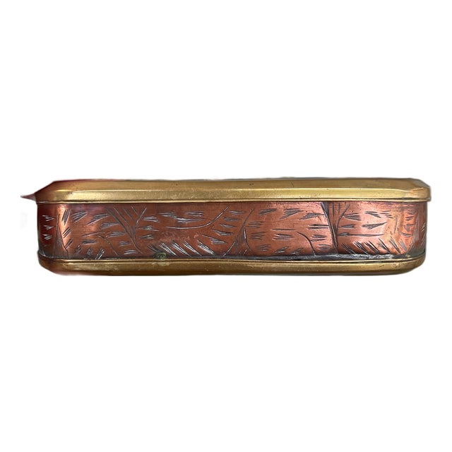 18th Century Likely Dutch Brass and Copper Toned Snuff or Tobacco Box With Engraved Figural Scenes and Script. For Sale