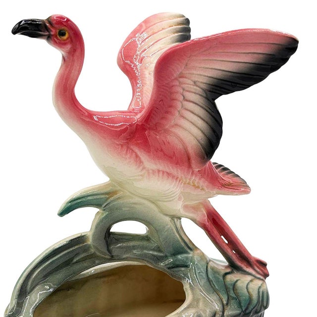 Pink 1950s Mid-Century California Pottery Ceramic Pink Open Wing Flamingo Table Planter For Sale - Image 8 of 8