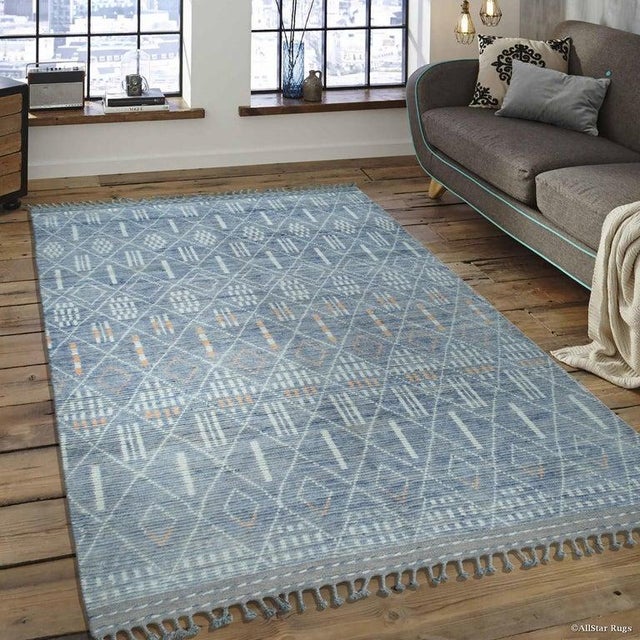 6x9 Blue Hand-Knotted Wool Diamond Lattice Geometric Modern Carpet Rug For Sale - Image 9 of 10