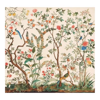 Cream Chinoiserie Garden Mural | Full-Size Hand-Painted Floral Bird Wall Art For Sale