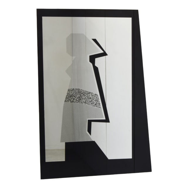 Italian Postmodern Screen-Printed Black Glass Mirror, 1980s For Sale