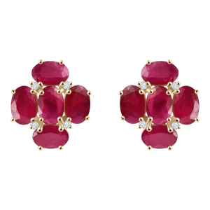18k Gold Ruby and Diamond Cluster Stud Earrings- 2 Pieces