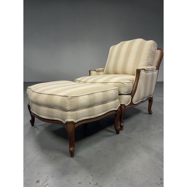 Ethan Allen Ethan Allen Bergère Lounge Chair and Ottoman in Neutral Stripe, Featherblend Cushion For Sale - Image 4 of 11