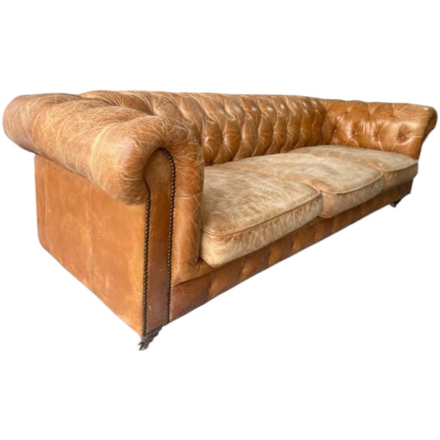 Elevate Your Living Space With This Stunning, Handcrafted Chesterfield Sofa and Ottoman in Genuine Tan Leather For Sale - Image 9 of 12