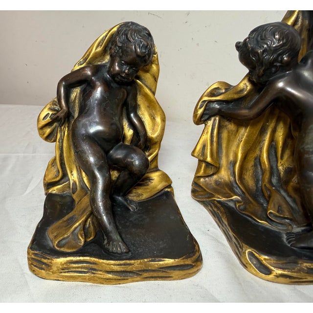 Realism Pair of Antique 1800's Sterling Bronze Co Cherub Putti Ormolu Patinated Bookends For Sale - Image 3 of 17