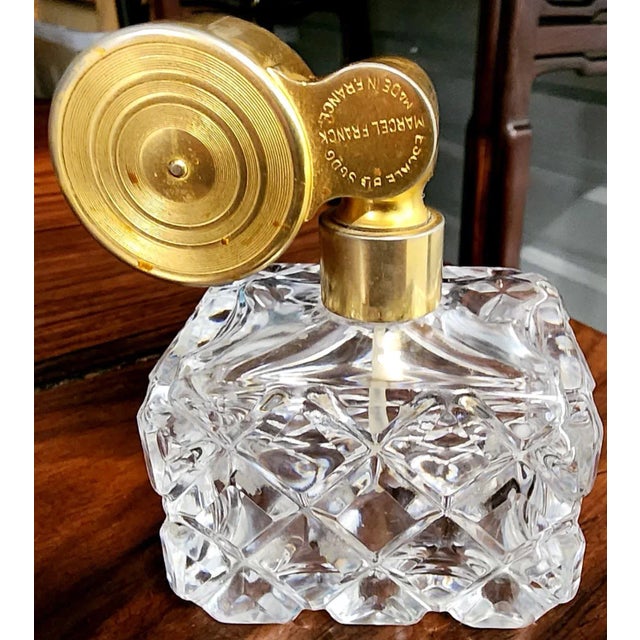 Art Deco Marcel Franck Vintage Fine Deep Cut Crystal Perfume Bottle W/Brass Atomizer For Sale - Image 3 of 12