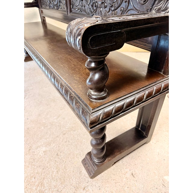 20th Century Spanish Carved Wood Bench with Barley Twist Legs, 1920 For Sale - Image 10 of 17