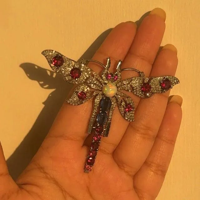 French Victorian Style Multi-Gem and Diamond Dragonfly Brooch for Him in sterling silver which is a fusion of surrealism...