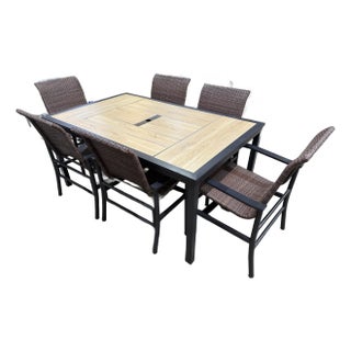 Woodgrain Tile Top Patio Table Dining Set - Six Chairs For Sale