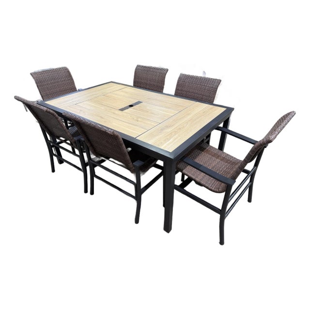 Woodgrain Tile Top Patio Table Dining Set - Six Chairs For Sale