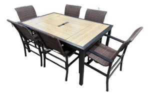 Woodgrain Tile Top Patio Table Dining Set - Six Chairs
