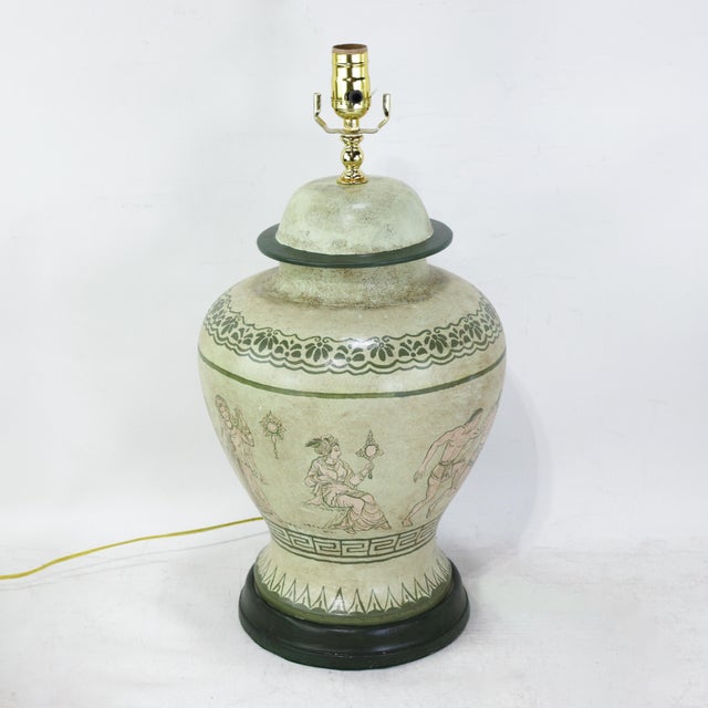 This striking pair of ceramic table lamps features hand-painted Greco-Roman scenes, evoking the classical elegance of...