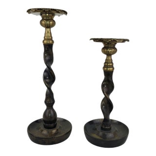 Pair of Vintage Maitland Smith Barley Twist Bronze and Brass Candlestick Holders Set 2 For Sale