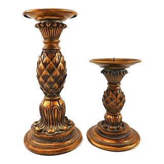 Late 20th Century Gold Ornate Pillar Candlesticks Candle Holders- a Pair For Sale