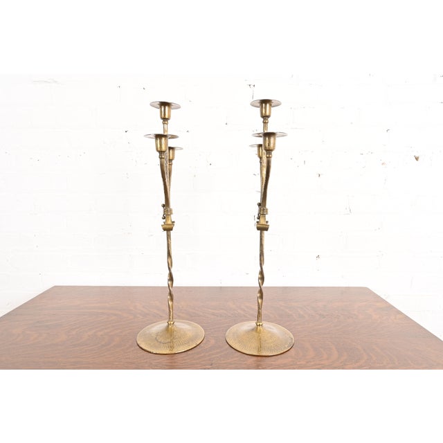 Roycroft Arts & Crafts Brass Finished Hammered Copper Candelabras, Pair For Sale - Image 9 of 13