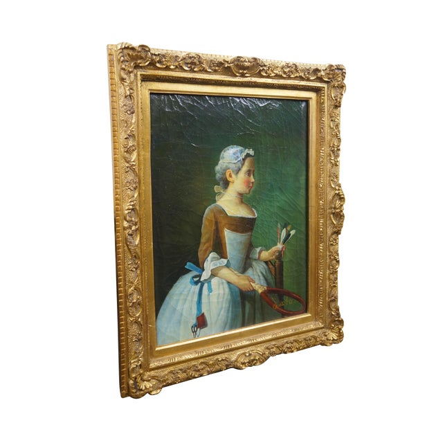Realism Late 20th Century Girl With Racket & Shuttlecock Oil Painting After Jean Baptiste Siméon Chardin For Sale - Image 3 of 11