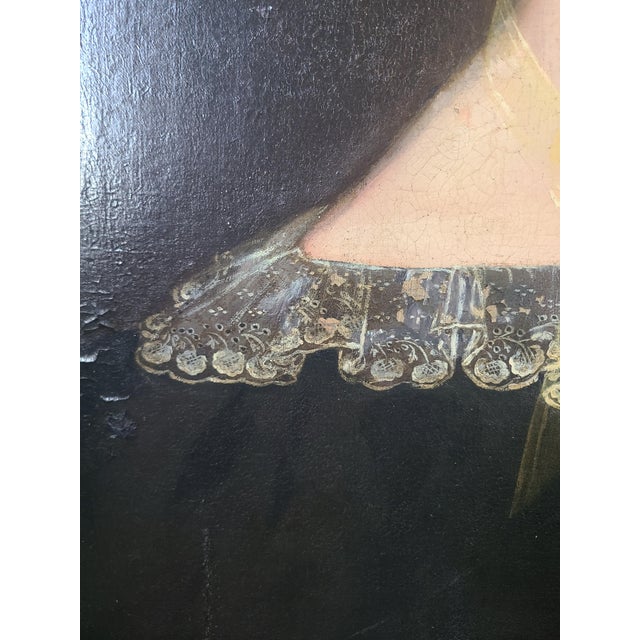 Black Antique 19th Century American Folk Art Oil Painting Portrait of a Woman in Black For Sale - Image 8 of 17
