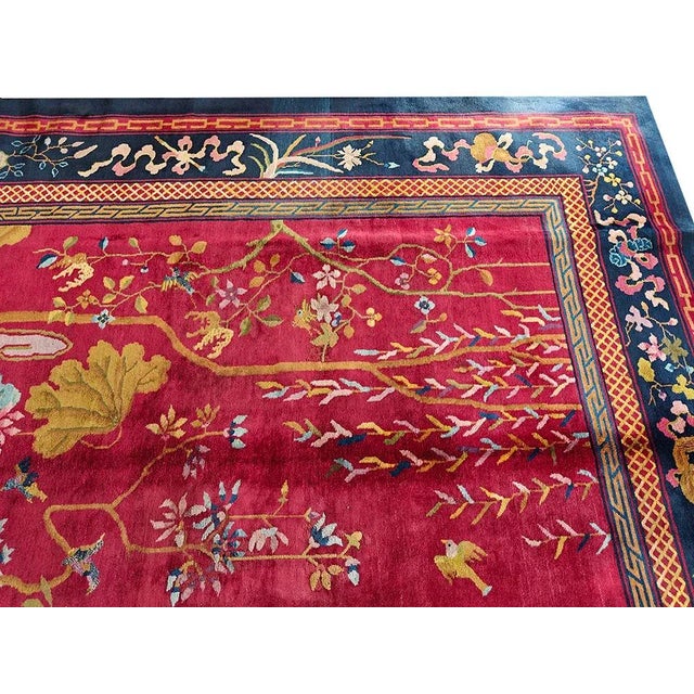 1920s 1920s Ruby Red Scene Floral Antique Chinese Art Deco Carpet 9' X 14' Knotted Wool Rug For Sale - Image 5 of 9