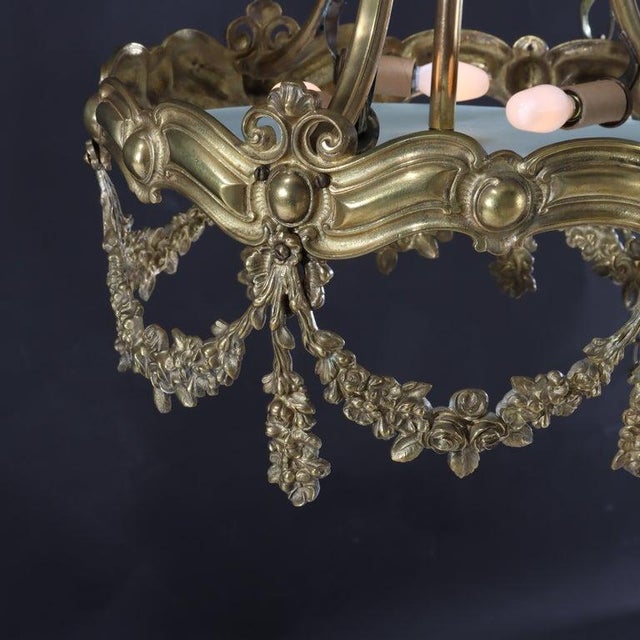 Bronze Antique Louis XIV Style Floral Drape Gilt Bronze Chandelier C1930 For Sale - Image 8 of 9