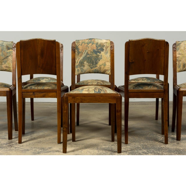 Art Deco Set of 12 French Art Deco Walnut Dining Chairs With Botanical Upholstery, 1930s For Sale - Image 3 of 18