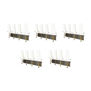 Black Metal, Brass & Opaline Glass 4-Light Wall Lamps, 1950s, Set of 5 For Sale