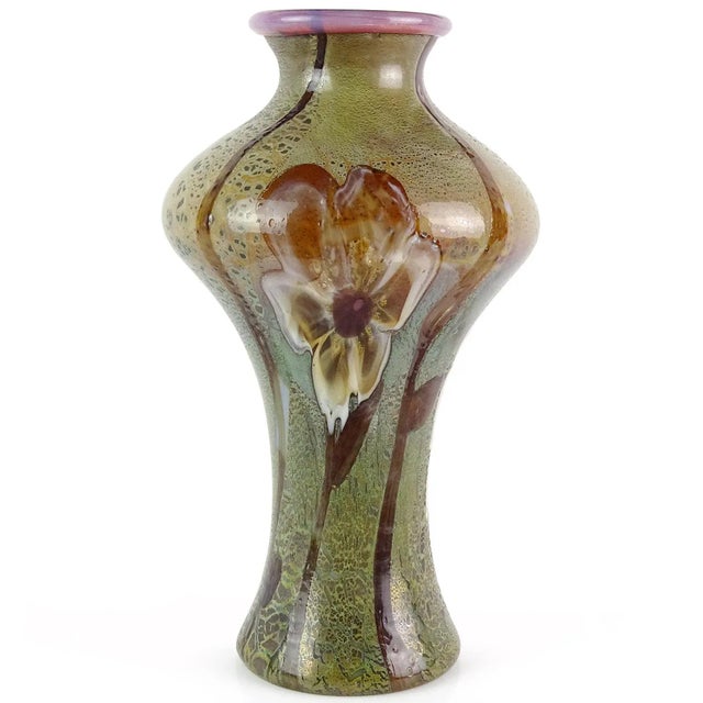 Gorgeous, and large, vintage Murano hand blown opalescent "Chalcedony" surface Italian art glass vase with large flowers...