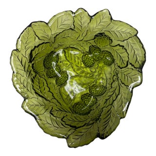 Vintage Indiana Glass Harvest Grape Olive Green Pressed Glass Bowl, Mid-Century Modern MCM For Sale