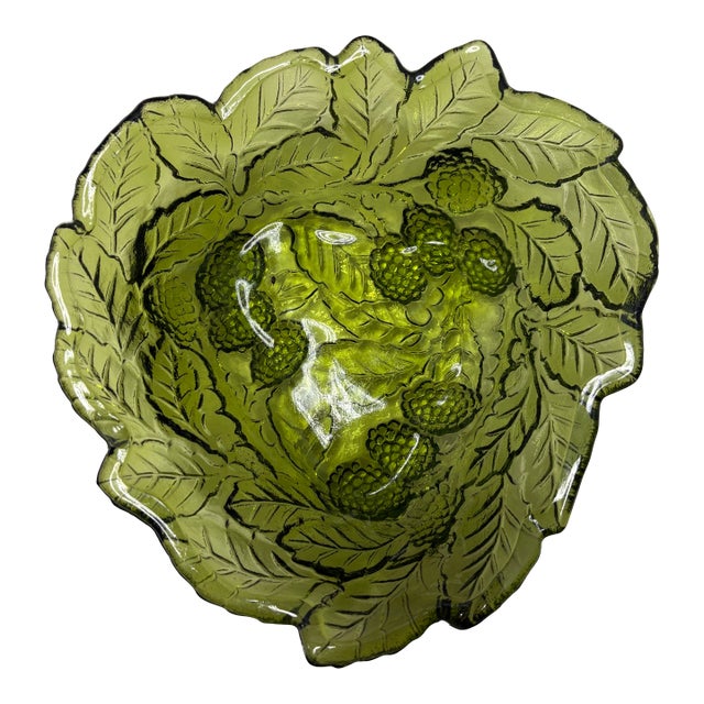 Vintage Indiana Glass Harvest Grape Olive Green Pressed Glass Bowl, Mid-Century Modern MCM For Sale