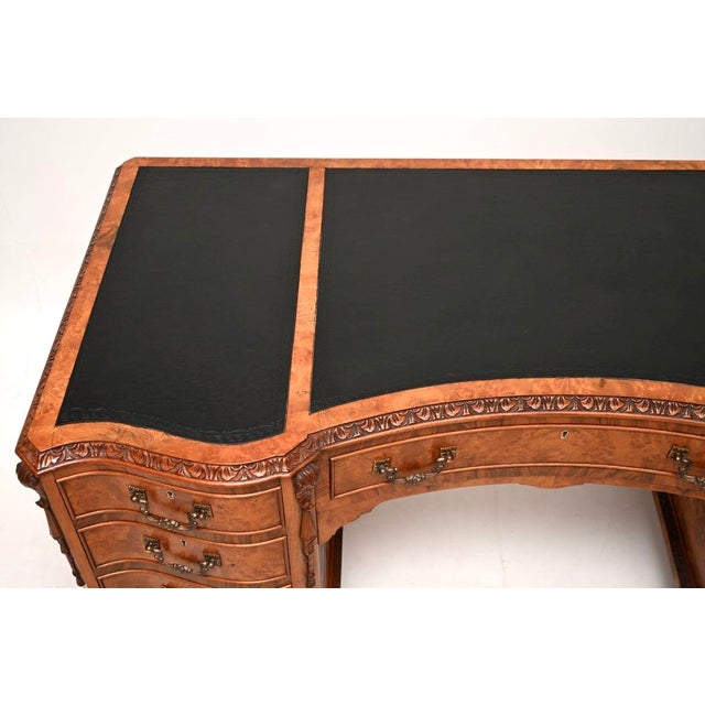 Antique Burr Walnut Pedestal Desk with Leather Top, 1900 For Sale - Image 6 of 11